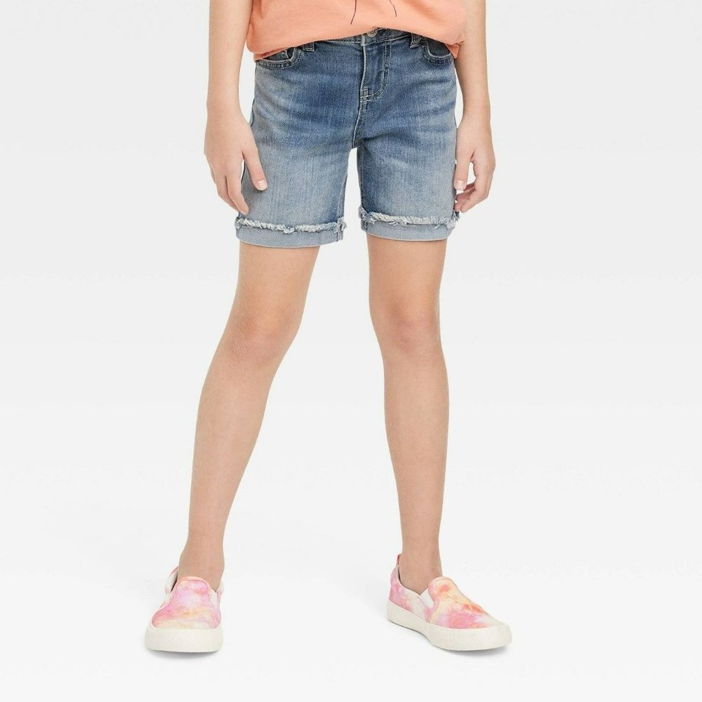 Girls' Cuffed Hem Midi Jean Shorts Cat & Jack Medium Wash Blue Medium